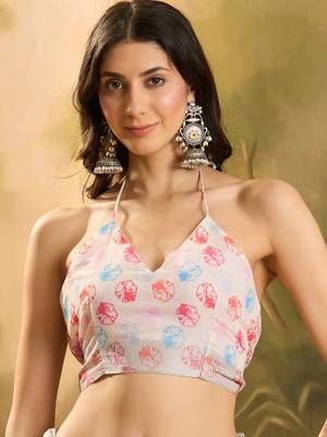 Women's off-white linen printed saree with unstitched blouse piece 4