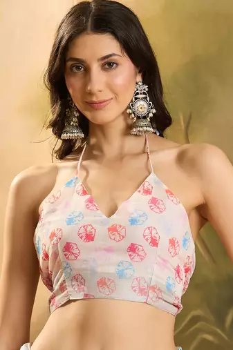 Women's off-white linen printed saree with unstitched blouse piece