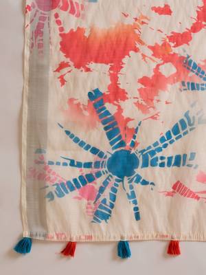 Women's off-white linen printed saree with unstitched blouse piece 5