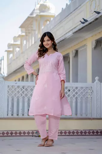 Light pink embroidered straight kurta with trouser
