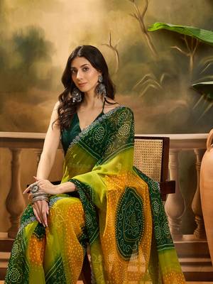Women's multi georgette bandhani saree with unstitched blouse piece 1