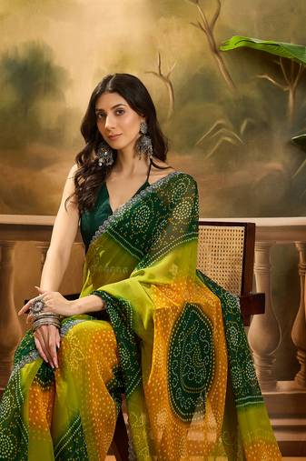Women's multi georgette bandhani saree with unstitched blouse piece