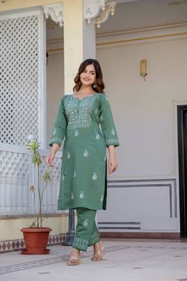 Olive embroidered straight kurta with trouser 5