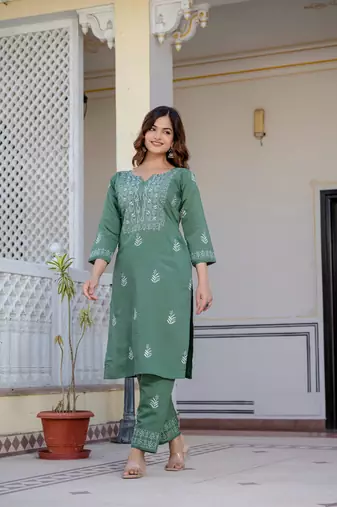 Olive embroidered straight kurta with trouser