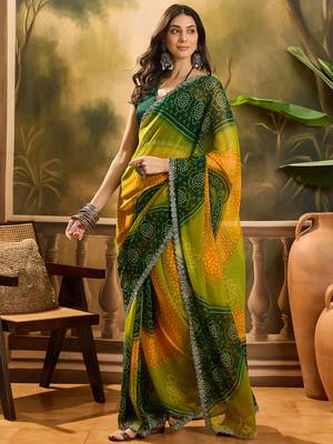 Women's multi georgette bandhani saree with unstitched blouse piece 2