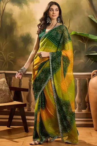 Women's multi georgette bandhani saree with unstitched blouse piece