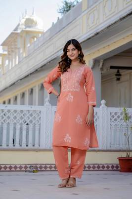 Peach embroidered straight kurta with trouser 5