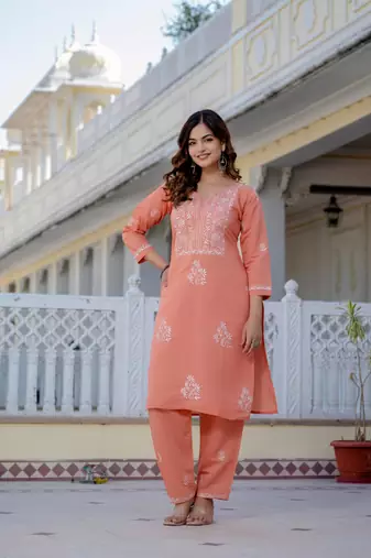 Peach embroidered straight kurta with trouser