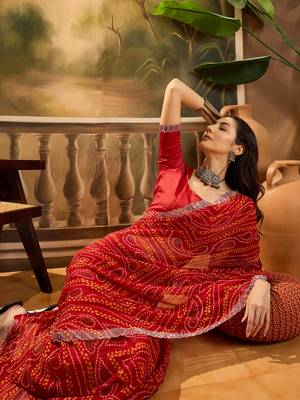 Women's red georgette bandhani saree with unstitched blouse piece 1
