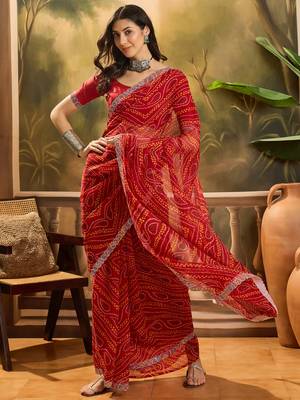 Women's red georgette bandhani saree with unstitched blouse piece 2