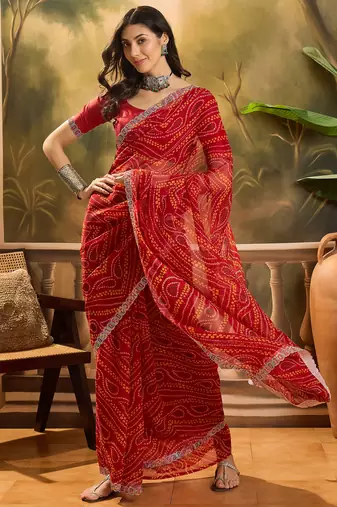 Women's red georgette bandhani saree with unstitched blouse piece