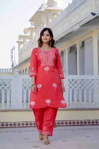 Pink embroidered straight kurta with trouser