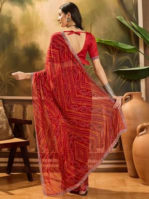 Women's red georgette bandhani saree with unstitched blouse piece 3
