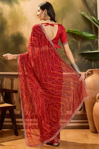 Women's red georgette bandhani saree with unstitched blouse piece