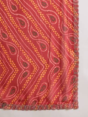Women's red georgette bandhani saree with unstitched blouse piece 5