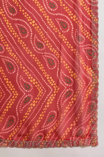 Women's red georgette bandhani saree with unstitched blouse piece