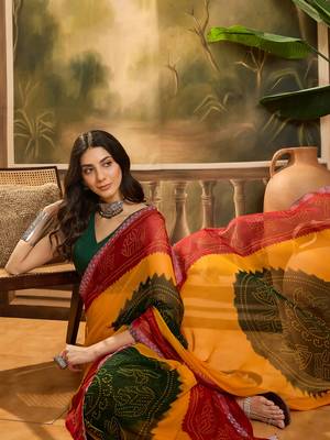 Women's multi georgette bandhani saree with unstitched blouse piece 2