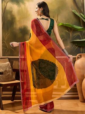 Women's multi georgette bandhani saree with unstitched blouse piece 3