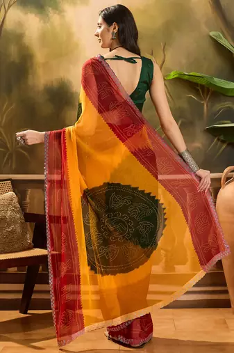 Women's multi georgette bandhani saree with unstitched blouse piece