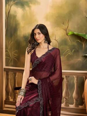 Women's coffee silk blend beads & stone work saree with unstitched blouse piece 1