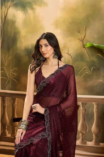Women's coffee silk blend beads & stone work saree with unstitched blouse piece