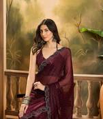 Women's coffee silk blend beads & stone work saree with unstitched blouse piece