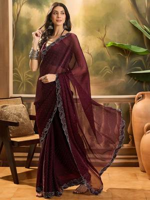 Women's coffee silk blend beads & stone work saree with unstitched blouse piece 2