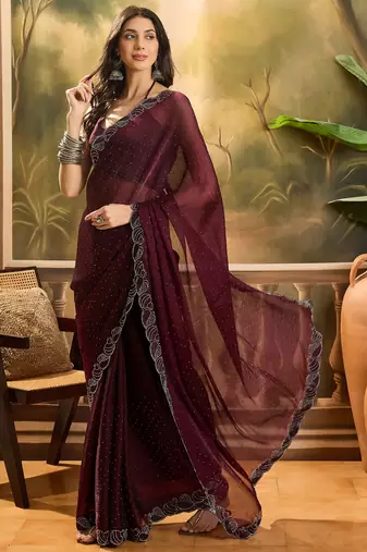 Women's coffee silk blend beads & stone work saree with unstitched blouse piece