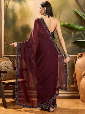 Women's coffee silk blend beads & stone work saree with unstitched blouse piece 3