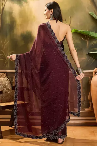 Women's coffee silk blend beads & stone work saree with unstitched blouse piece