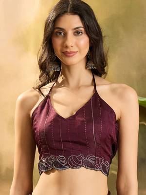 Women's coffee silk blend beads & stone work saree with unstitched blouse piece 4