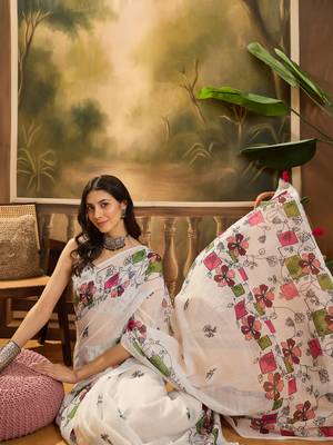 Women's cream linen printed saree with unstitched blouse piece 1