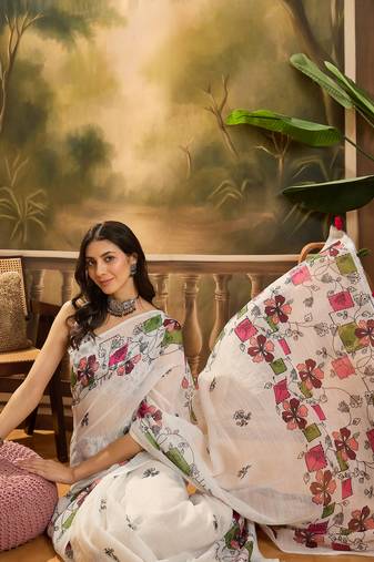 Women's cream linen printed saree with unstitched blouse piece