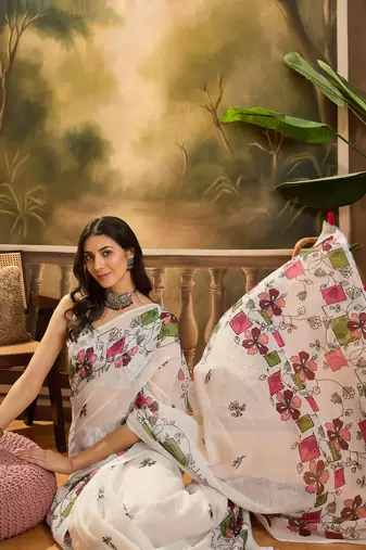 Women's cream linen printed saree with unstitched blouse piece