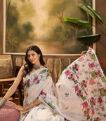 Women's cream linen printed saree with unstitched blouse piece