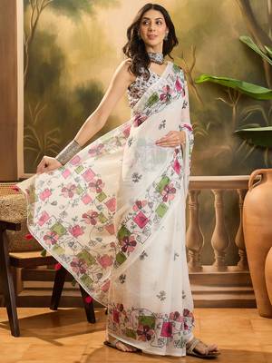 Women's cream linen printed saree with unstitched blouse piece 2