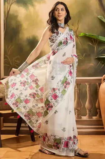 Women's cream linen printed saree with unstitched blouse piece