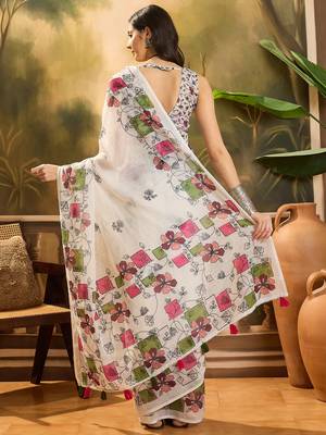 Women's cream linen printed saree with unstitched blouse piece 3
