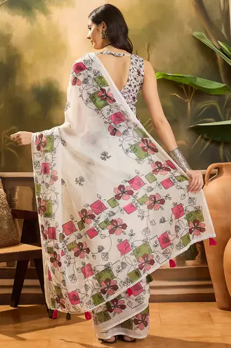 Women's cream linen printed saree with unstitched blouse piece