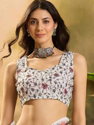 Women's cream linen printed saree with unstitched blouse piece 4
