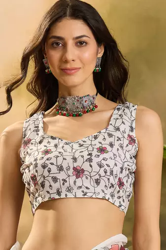 Women's cream linen printed saree with unstitched blouse piece