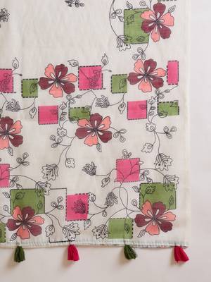 Women's cream linen printed saree with unstitched blouse piece 5