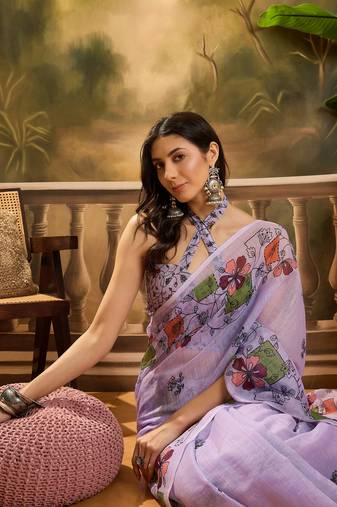 Women's lilac linen printed saree with unstitched blouse piece