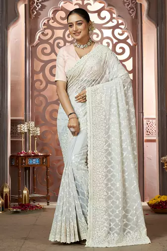 Grey sequin embroidered georgette saree