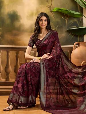 Women's maroon chiffon foil print saree with unstitched blouse piece 1