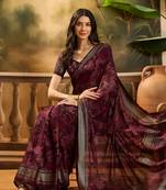 Women's maroon chiffon foil print saree with unstitched blouse piece