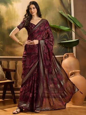 Women's maroon chiffon foil print saree with unstitched blouse piece 2