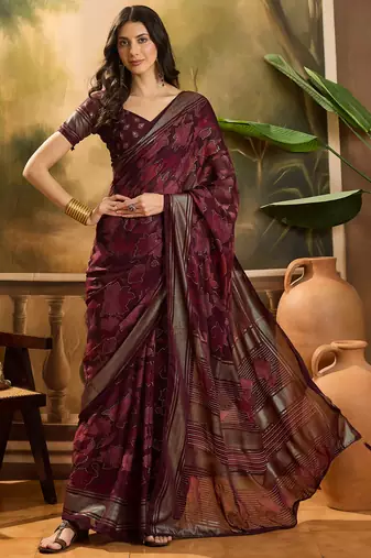 Women's maroon chiffon foil print saree with unstitched blouse piece