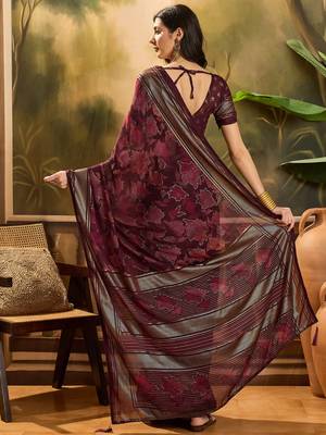 Women's maroon chiffon foil print saree with unstitched blouse piece 3