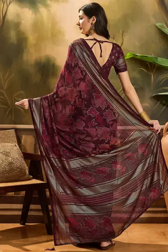Women's maroon chiffon foil print saree with unstitched blouse piece